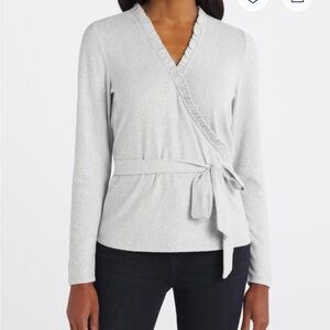 Brea Canyon Maryama Ruffle Gray Wrap Sweater Blouse